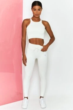 Energise Ribbed Tie Front Full Length Leggings In White -Core Fit Shop bt0304 bt0302 1 energise white ribbed drawstring leggings feel your power ribbed cross strap crop top 1