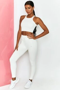 Energise Ribbed Tie Front Full Length Leggings In White -Core Fit Shop bt0304 bt0302 3 energise white ribbed drawstring leggings feel your power ribbed cross strap crop top