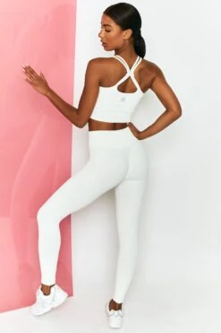 Energise Ribbed Tie Front Full Length Leggings In White -Core Fit Shop bt0304 bt0302 5 energise white ribbed drawstring leggings feel your power ribbed cross strap crop top