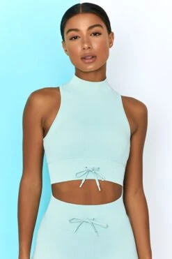 Miles Ahead Ribbed High Neck Crop Top In Light Blue