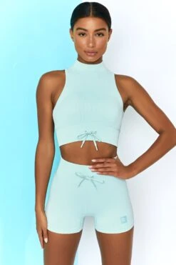 Ribbed Tie Front Mini Shorts In Light Blue -Core Fit Shop bt0305 bt0301 2 miles ahead move it light blue ribbed work out crop top high waist draw string ribbed cycle shorts