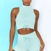 Ribbed Tie Front Mini Shorts In Light Blue -Core Fit Shop bt0305 bt0301 3 miles ahead move it light blue ribbed work out crop top high waist draw string ribbed cycle shorts