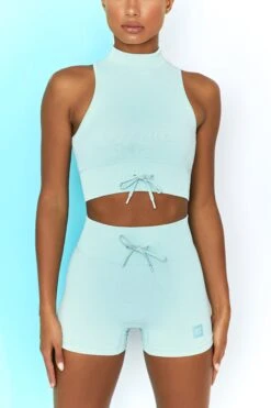 Ribbed Tie Front Mini Shorts In Light Blue -Core Fit Shop bt0305 bt0301 4 miles ahead move it light blue ribbed work out crop top high waist draw string ribbed cycle shorts