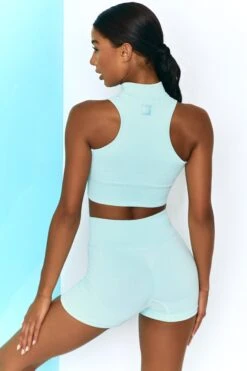 Ribbed Tie Front Mini Shorts In Light Blue -Core Fit Shop bt0305 bt0301 5 miles ahead move it light blue ribbed work out crop top high waist draw string ribbed cycle shorts