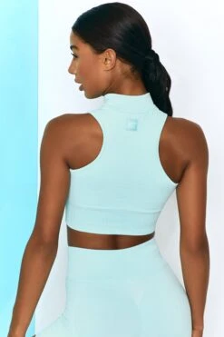 Miles Ahead Ribbed High Neck Crop Top In Light Blue -Core Fit Shop bt0305 bt0301 5 miles ahead move it light blue ribbed work out crop top high waist draw string ribbed cycle shorts top