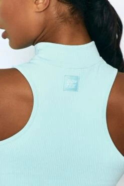 Miles Ahead Ribbed High Neck Crop Top In Light Blue -Core Fit Shop bt0305 bt0301 7 miles ahead move it light blue ribbed work out crop top high waist draw string ribbed cycle shorts