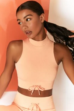 Miles Ahead Ribbed High Neck Crop Top In Peach