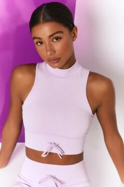 Miles Ahead Ribbed High Neck Crop Top In Lilac