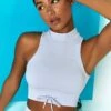 Miles Ahead Ribbed High Neck Crop Top In Cool Blue -Core Fit Shop bt0305 bt0318 11 miles ahead cool blue ribbed sleeveless turtle neck draw string crop top long distance ribbed draw string shorts