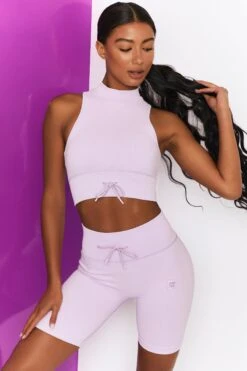 Ribbed Tie Front Cycling Shorts In Lilac -Core Fit Shop bt0305 bt0318 1 miles ahead lilac ribbed sleeveless turtle neck draw string crop top long distance ribbed draw string shorts 3
