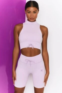 Miles Ahead Ribbed High Neck Crop Top In Lilac -Core Fit Shop bt0305 bt0318 4 miles ahead lilac ribbed sleeveless turtle neck draw string crop top long distance ribbed draw string shorts 2