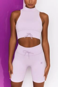 Ribbed Tie Front Cycling Shorts In Lilac -Core Fit Shop bt0305 bt0318 5 miles ahead lilac ribbed sleeveless turtle neck draw string crop top long distance ribbed draw string shorts 3