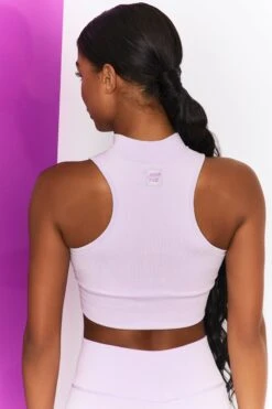 Miles Ahead Ribbed High Neck Crop Top In Lilac -Core Fit Shop bt0305 bt0318 6 miles ahead lilac ribbed sleeveless turtle neck draw string crop top long distance ribbed draw string shorts 2