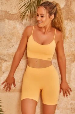 Seamless Ribbed Biker Shorts In Light Orange -Core Fit Shop bt0322 bt0340 4 light orange ribbed detail cycle shorts crop top 1