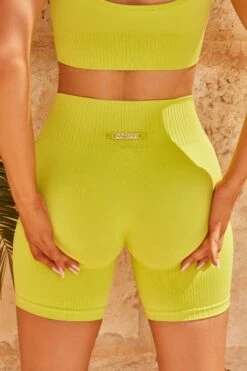Seamless Ribbed Biker Shorts In Green -Core Fit Shop bt0322 bt0340 7 amplify vigour green ribbed detail cycle shorts crop top 1