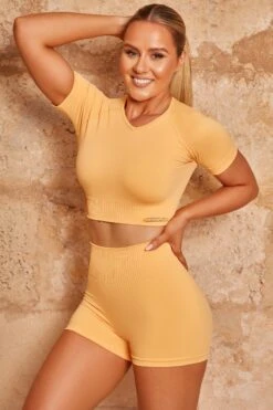 Seamless High Waist Mini Shorts In Light Orange -Core Fit Shop bt0323 bt0339 1 light orange turn it up alititude ribbed detail cycle shorts crop top