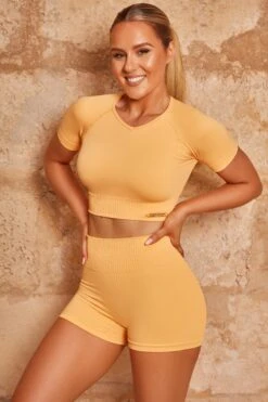 Seamless High Waist Mini Shorts In Light Orange -Core Fit Shop bt0323 bt0339 2 light orange turn it up alititude ribbed detail cycle shorts crop top