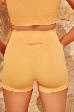 Seamless High Waist Mini Shorts In Light Orange -Core Fit Shop bt0323 bt0339 7 light orange turn it up alititude ribbed detail cycle shorts crop top