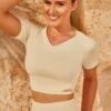 Scoop Neck Cropped Top In Cream -Core Fit Shop bt0323 bt0339 7 turn it up altitude cream short sleeve crop top hot pant shorts set 2
