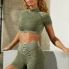 Seamless V Waist Mini Shorts With Shaping Detail In Dark Khaki -Core Fit Shop bt0329 bt0336 1 dark khaki acid wash ribbed high neck crop top shorts set 1