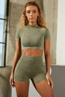 Seamless V Waist Mini Shorts With Shaping Detail In Khaki -Core Fit Shop bt0329 bt0336 1 khaki acid wash ribbed high neck crop top shorts set 1