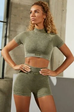 Seamless V Waist Mini Shorts With Shaping Detail In Khaki -Core Fit Shop bt0329 bt0336 2 khaki acid wash ribbed high neck crop top shorts set 1