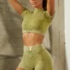 Seamless V Waist Mini Shorts With Shaping Detail In Olive -Core Fit Shop bt0329 bt0336 2 olive acid wash ribbed high neck crop top shorts set 1