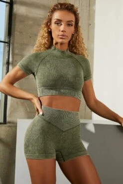 Seamless V Waist Mini Shorts With Shaping Detail In Dark Khaki -Core Fit Shop bt0329 bt0336 3 dark khaki acid wash ribbed high neck crop top shorts set 1
