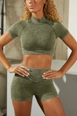 Seamless V Waist Mini Shorts With Shaping Detail In Dark Khaki -Core Fit Shop bt0329 bt0336 5 dark khaki acid wash ribbed high neck crop top shorts set 1