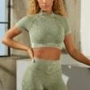 Seamless V Waist Mini Shorts With Shaping Detail In Washed Khaki -Core Fit Shop bt0329 bt0336 5 washed khaki acid wash ribbed high neck crop top shorts set 1