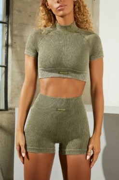 Seamless V Waist Mini Shorts With Shaping Detail In Khaki -Core Fit Shop bt0329 bt0336 6 khaki acid wash ribbed high neck crop top shorts set 1
