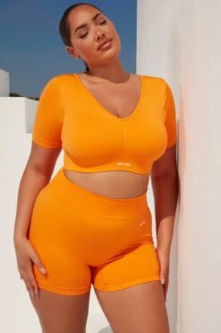 Curved Waist Seamless Mini Shorts In Orange 25 Curved Waist Seamless Mini Shorts In Orange -Core Fit Shop bt0361 bt0366 10 gradient flash orange scru ortswear set 3