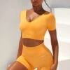 Gradient Scoop Neck Ruched Crop Top In Light Orange -Core Fit Shop bt0361 bt0366 1 gradient flash light orange scrunched front short sleeve crop top high waist shorts sportswear set 4