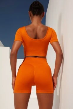 Gradient Scoop Neck Ruched Crop Top In Deep Orange -Core Fit Shop bt0361 bt0366 4 gradient flash deep orange scrunched front short sleeve crop top high waist shorts sportswear set 1