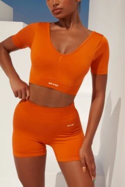 Gradient Scoop Neck Ruched Crop Top In Deep Orange -Core Fit Shop bt0361 bt0366 5 gradient flash deep orange scrunched front short sleeve crop top high waist shorts sportswear set 1