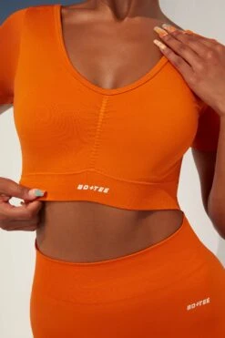 Gradient Scoop Neck Ruched Crop Top In Deep Orange -Core Fit Shop bt0361 bt0366 6 gradient flash deep orange scrunched front short sleeve crop top high waist shorts sportswear set 1
