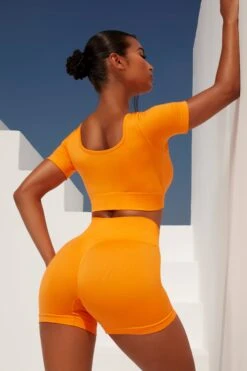 Curved Waist Seamless Mini Shorts In Orange 18 Curved Waist Seamless Mini Shorts In Orange -Core Fit Shop bt0361 bt0366 7 gradient flash orange scru ortswear set 3