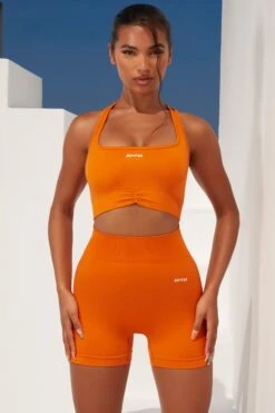 Curved Waist Seamless Mini Shorts In Deep Orange -Core Fit Shop bt0363 bt0366 1 deep orange ribbed detail crop top high waisted shorts 1