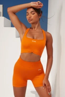 Curved Waist Seamless Mini Shorts In Deep Orange -Core Fit Shop bt0363 bt0366 2 deep orange ribbed detail crop top high waisted shorts 2