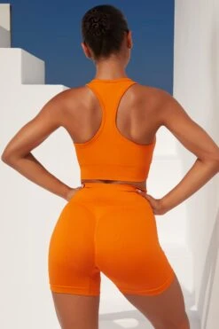Curved Waist Seamless Mini Shorts In Deep Orange -Core Fit Shop bt0363 bt0366 6 deep orange ribbed detail crop top high waisted shorts 3