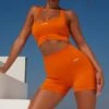 Curved Waist Seamless Mini Shorts In Deep Orange 1 Curved Waist Seamless Mini Shorts In Deep Orange -Core Fit Shop bt0363 bt0366 8 deep orange ribbed detail crop top high waisted shorts 1
