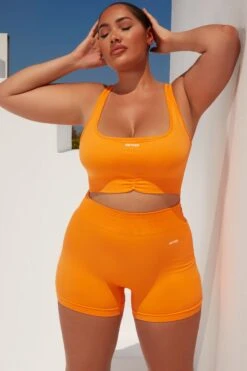 Radiate Ruched Sports Bra In Orange 28 Radiate Ruched Sports Bra In Orange -Core Fit Shop bt0363 bt0366 9 orange ribbed detail crop top high waisted shorts 1