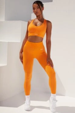 Surge Curved Waist Seamless Leggings In Orange -Core Fit Shop bt0364 bt0365 1 surge orange leggings beam light crop top