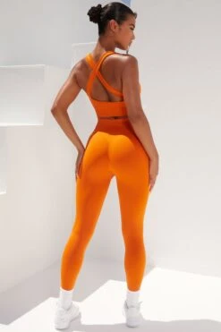 Surge Curved Waist Seamless Leggings In Deep Orange -Core Fit Shop bt0364 bt0365 7 surge deep orange leggings beam light crop top