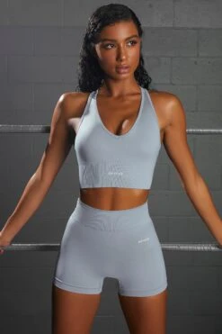 Overhaul Racer Knot Back Seamless Crop Top In Blue -Core Fit Shop bt0366 bt0372 2 flash overhaul light blue 1