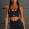 Emerge Cross Strap Seamless Plunge Sports Bra In Black 2 Emerge Cross Strap Seamless Plunge Sports Bra In Black -Core Fit Shop bt0371 2 emerge black strap detail plunge sports bra