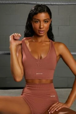 Overhaul Racer Knot Back Seamless Crop Top In Rust -Core Fit Shop bt0372 bt0366 7 flash rust crossover back crop top emerge cycling shorts