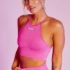 Incline Seamless High Neck Crop Top In Pink -Core Fit Shop bt0376 2 incline pink high neckline cross back crop top