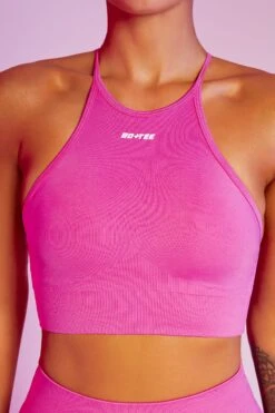 Incline Seamless High Neck Crop Top In Pink 13 Incline Seamless High Neck Crop Top In Pink -Core Fit Shop bt0376 5 incline pink high neckline cross back crop top