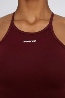 Crop Top In Deep Red -Core Fit Shop bt0376 bt0385 11 burgundy high neckline cross back crop top biker shorts sportswear